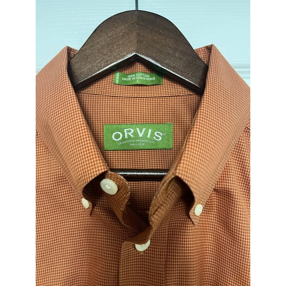 Orvis Mens Large Long Sleeve Button Down Orange Houndstooth - Picture 3 of 3